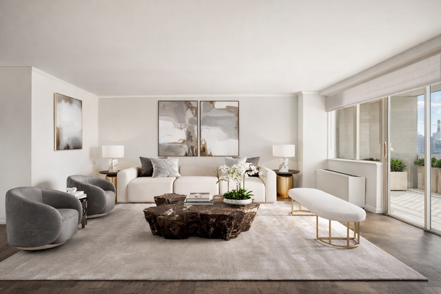 a living room with furniture and wooden floor