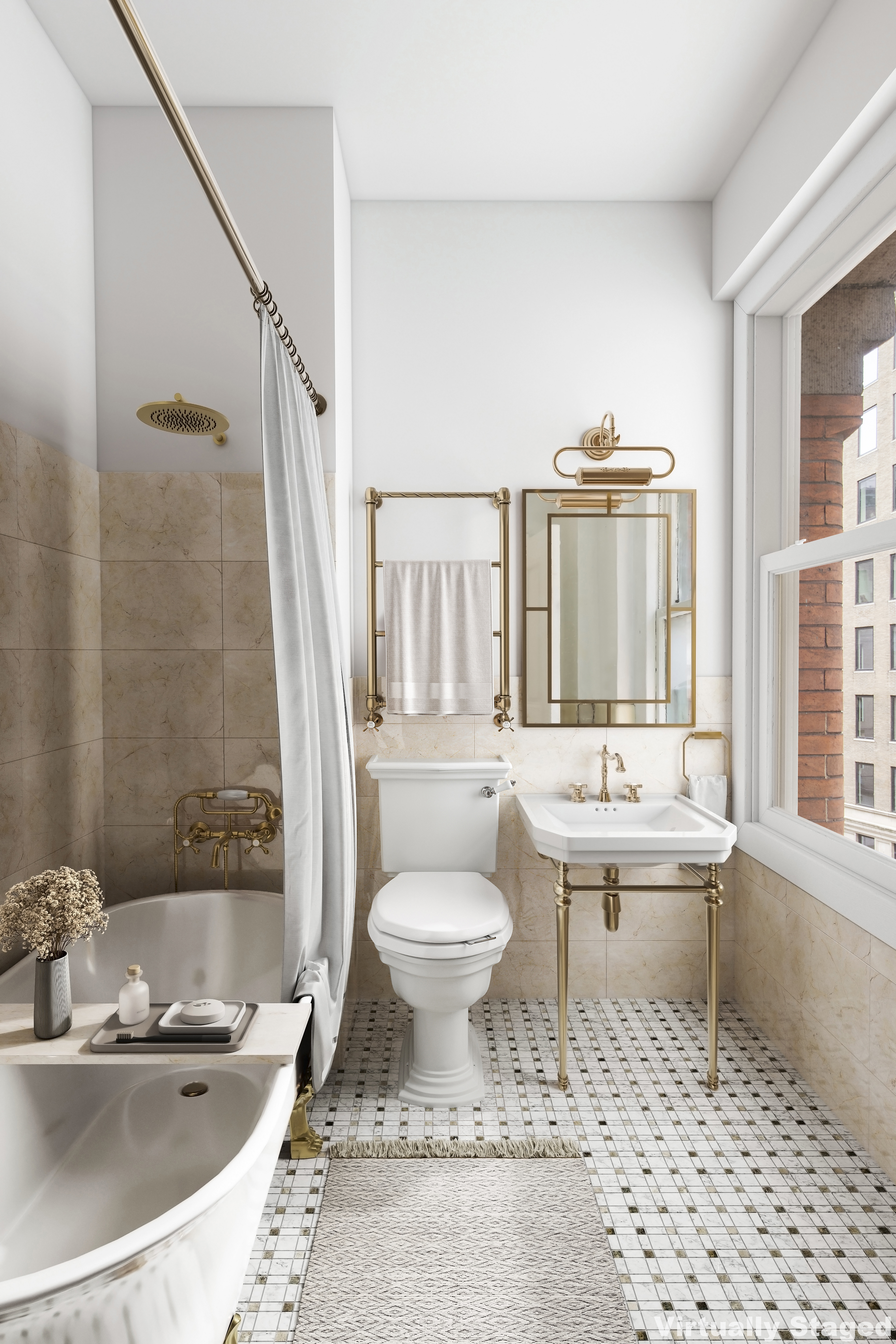 284 5th Avenue, Unit 6E Manhattan, NY 10001 - Photo 3 of 12 a bathroom with a granite countertop sink and mirror with bathtub