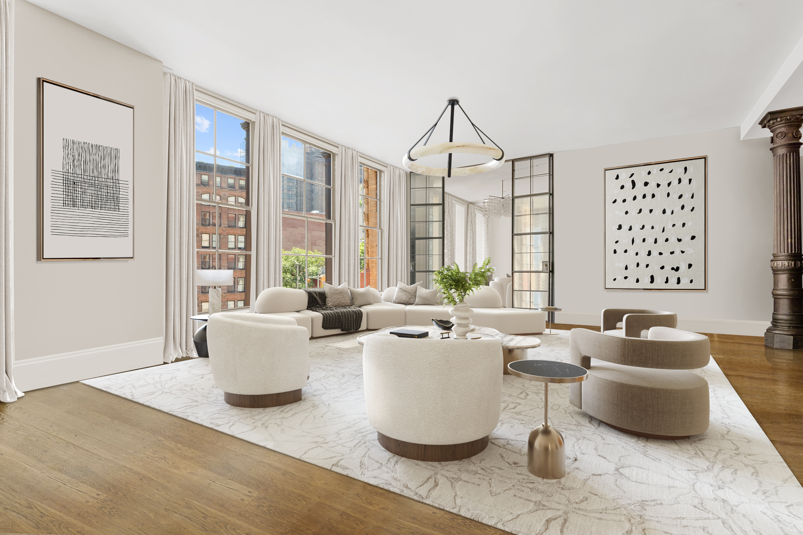 140 Franklin Street, Unit 2B Manhattan, NY 10013 - Photo 5 of 14 a living room with furniture a large window and dining table