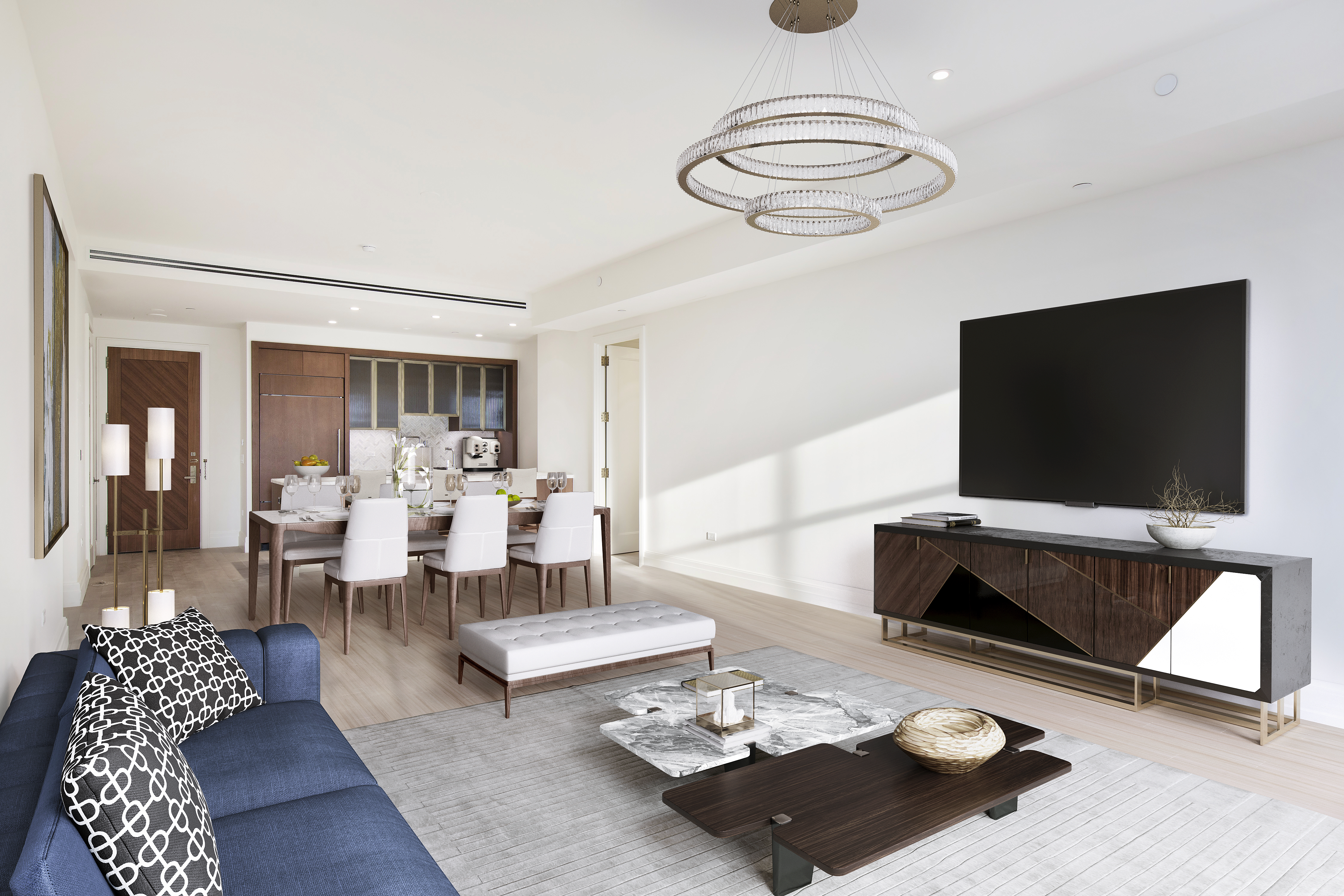 100 Barclay Street, Unit 13P Manhattan, NY 10007 - Photo 1 of 21 a living room with furniture and a flat screen tv