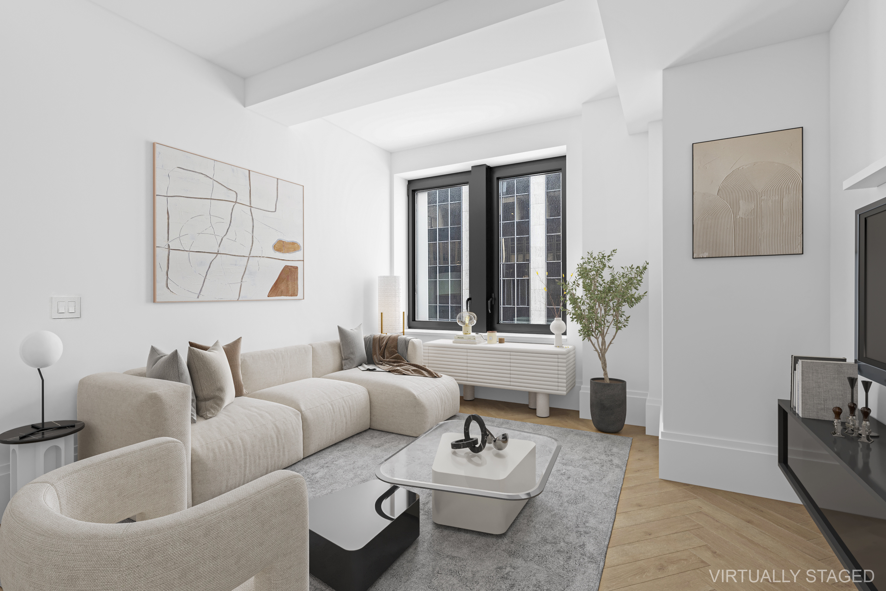 101 Wall Street, Unit 17A Manhattan, NY 10005 - Photo 3 of 13 a living room with furniture and a large window