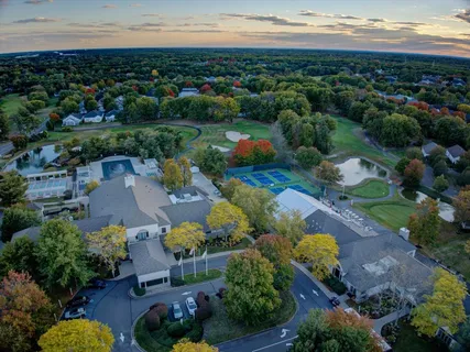 an aerial view of a houses with a garden