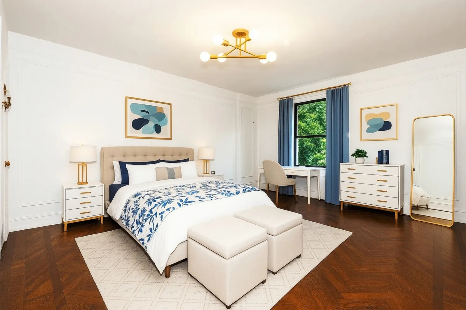 a bedroom with a bed a dresser and a large window