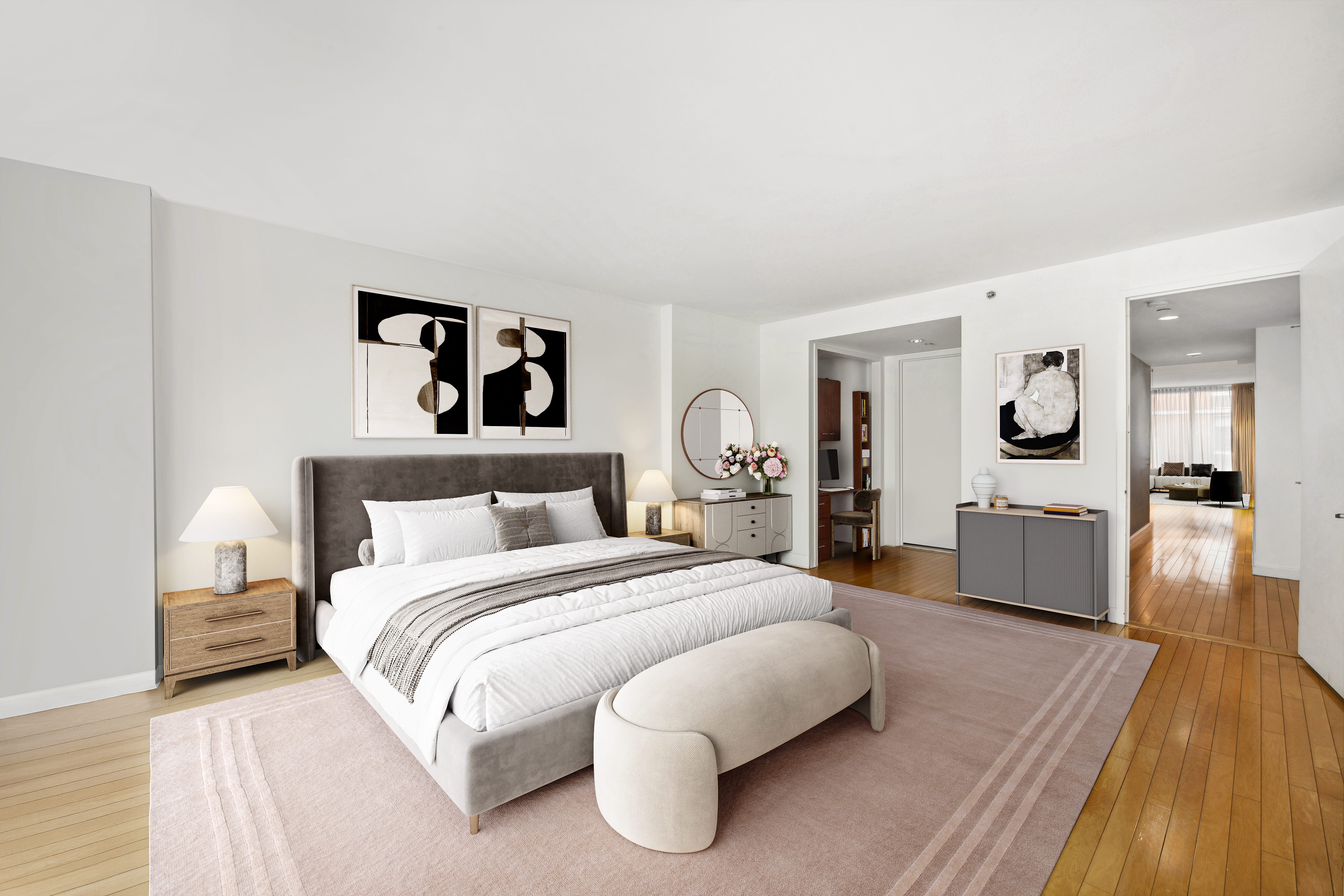 151 West 17th Street, Unit 5A Manhattan, NY 10011 - Photo 3 of 11 a bedroom with a large bed and a chandelier