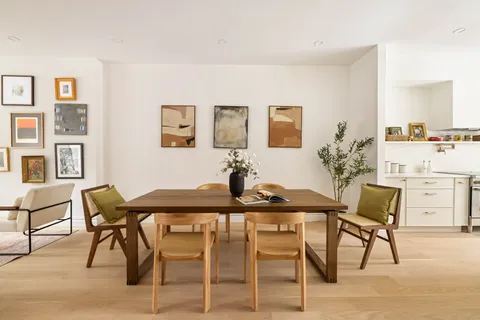 a view of a dining room with furniture and a potted plant