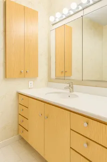 a bathroom with a sink and a mirror