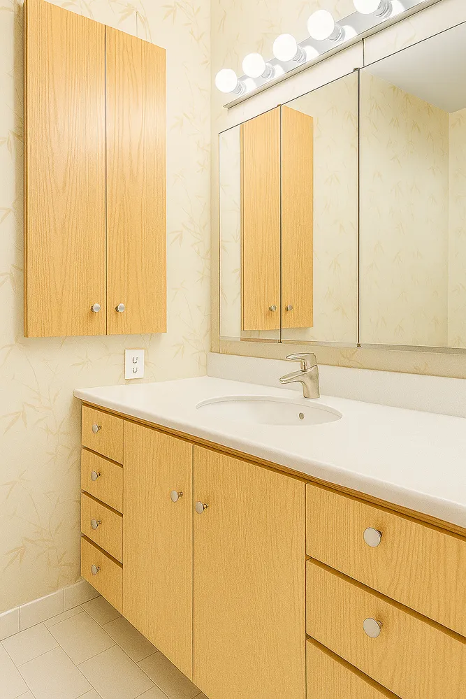 a bathroom with a sink and a mirror