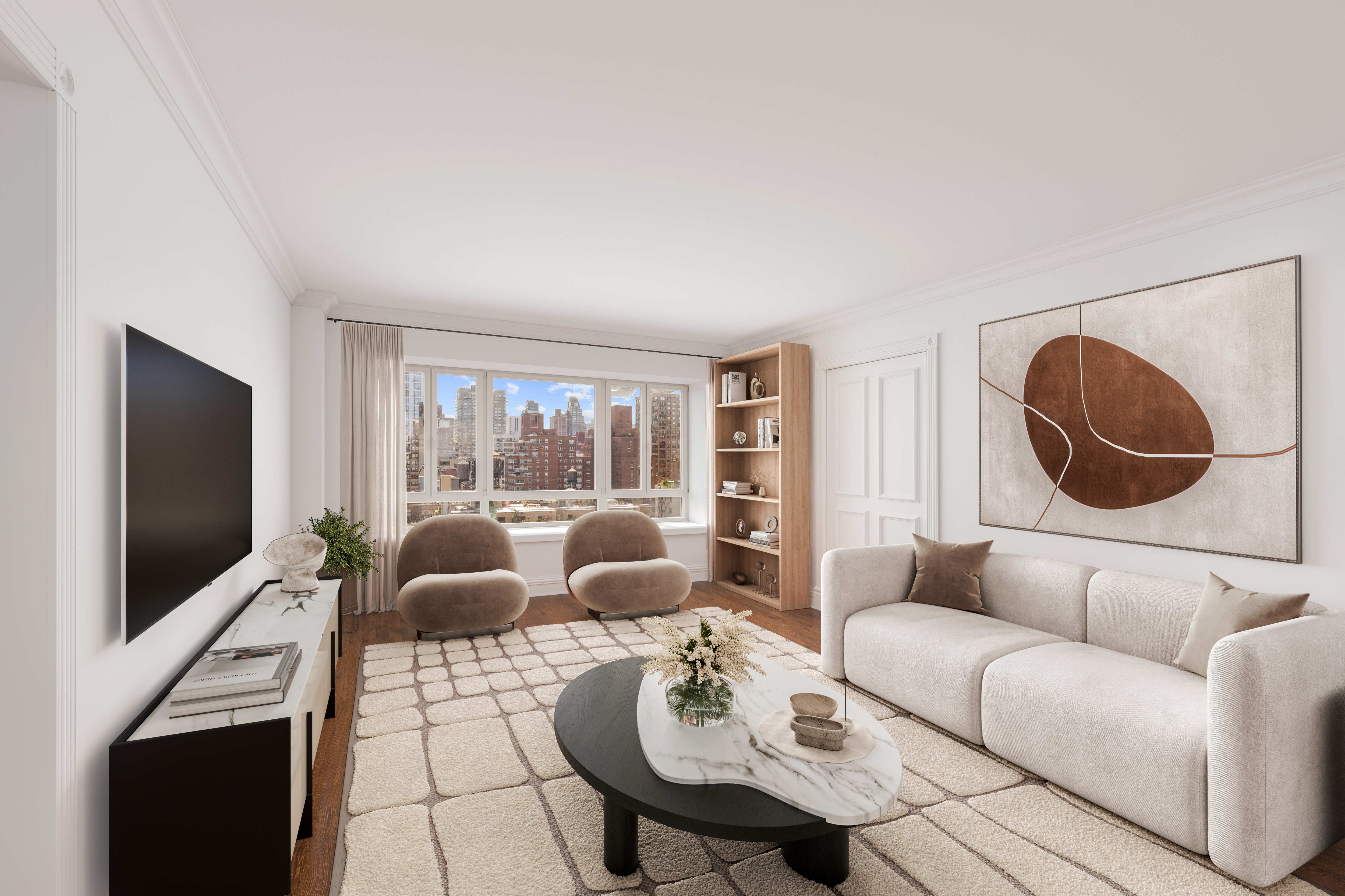 799 Park Avenue, Unit 17A Manhattan, NY 10021 - Photo 4 of 12 a living room with furniture a flat screen tv and a large window