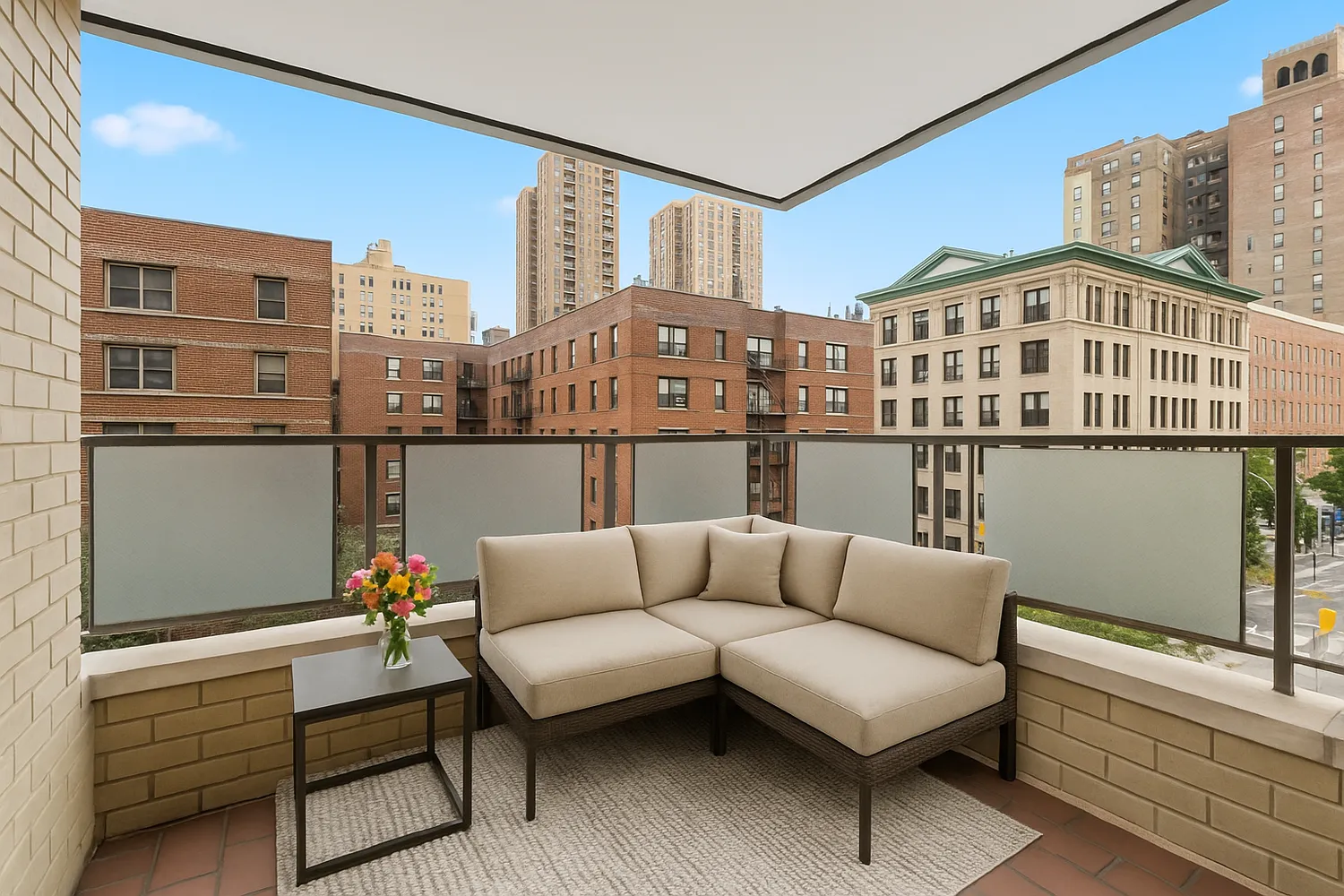 a view of a balcony with furniture and a potted plant