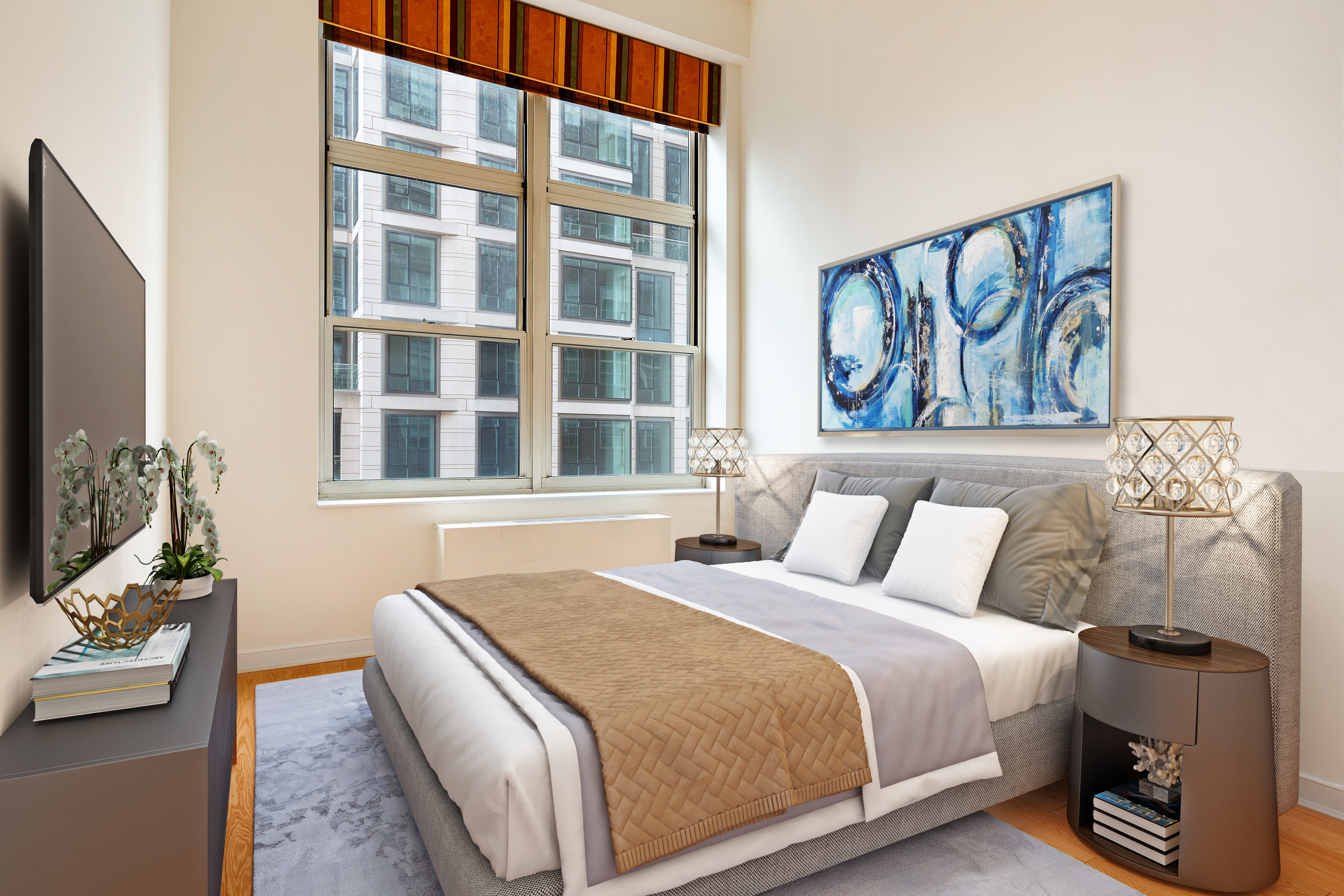120 East 87th Street, Unit R10C Manhattan, NY 10128 - Photo 6 of 13 a bedroom with a bed and a flat screen tv