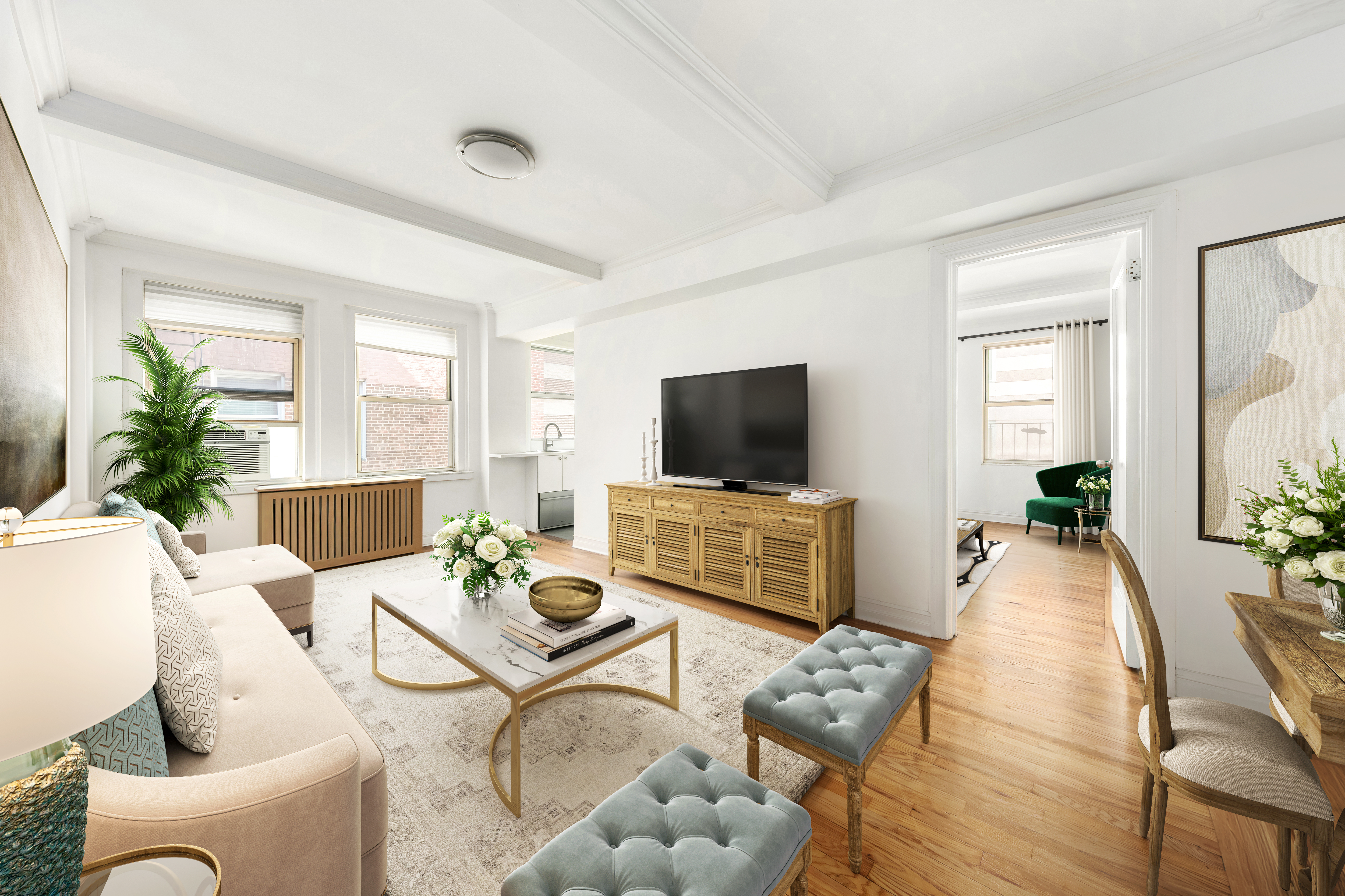 a living room with furniture a flat screen tv and a large window