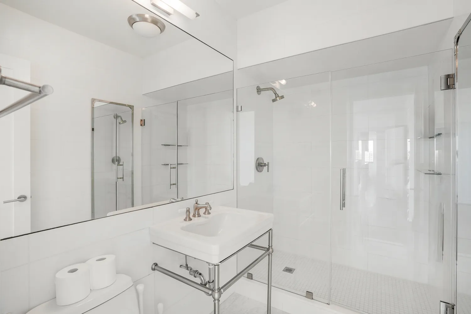 a bathroom with a sink mirror and shower