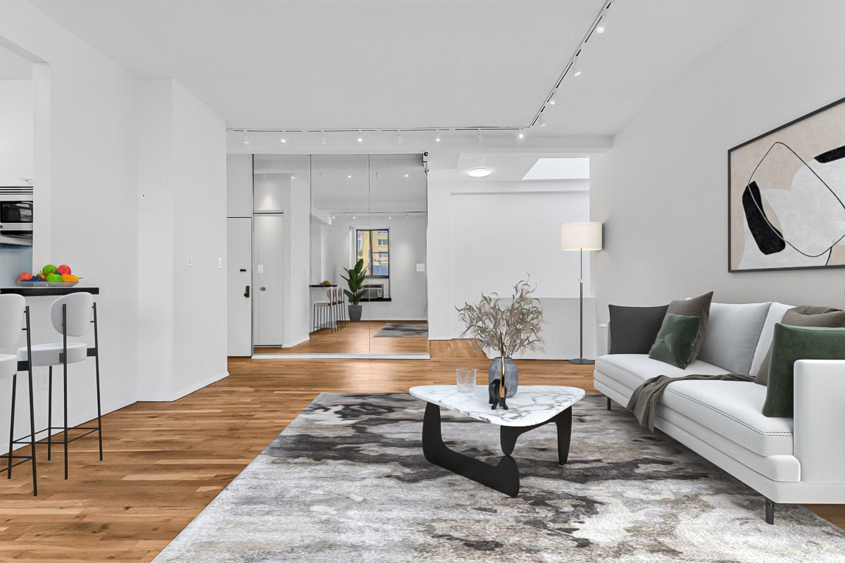 303 Mercer Street, Unit A601 Manhattan, NY 10003 - Photo 3 of 19 a living room with furniture and a table
