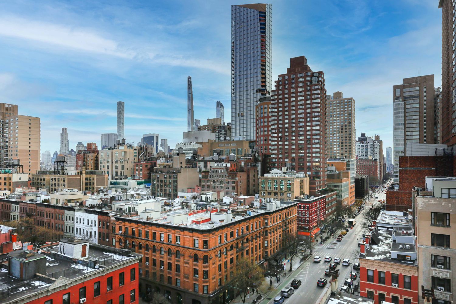 a city view with tall buildings
