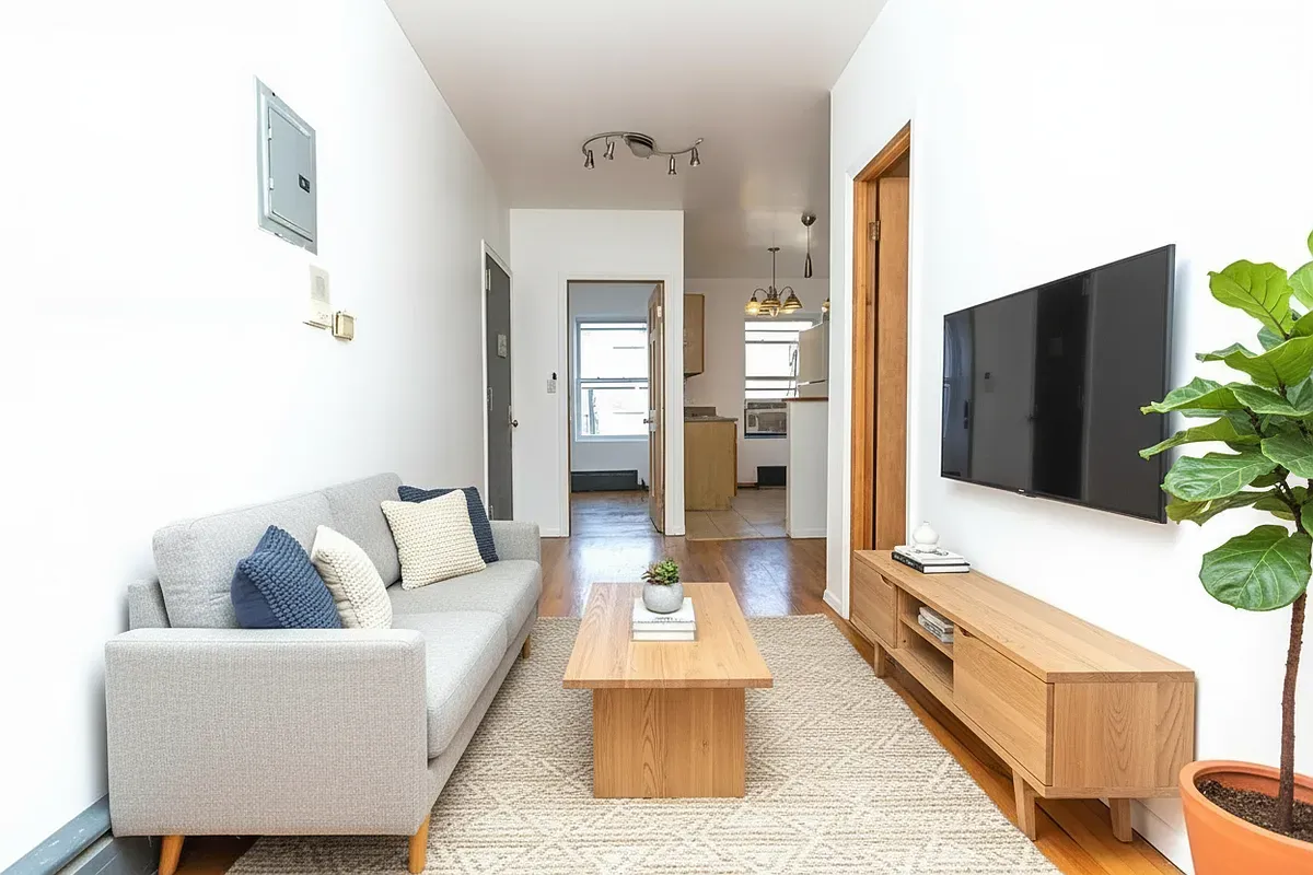 a living room with furniture and a potted plant