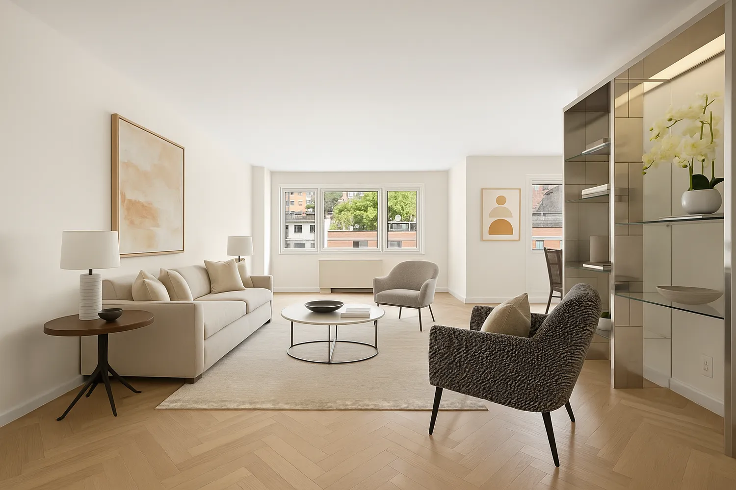 a living room with furniture a large window and a refrigerator