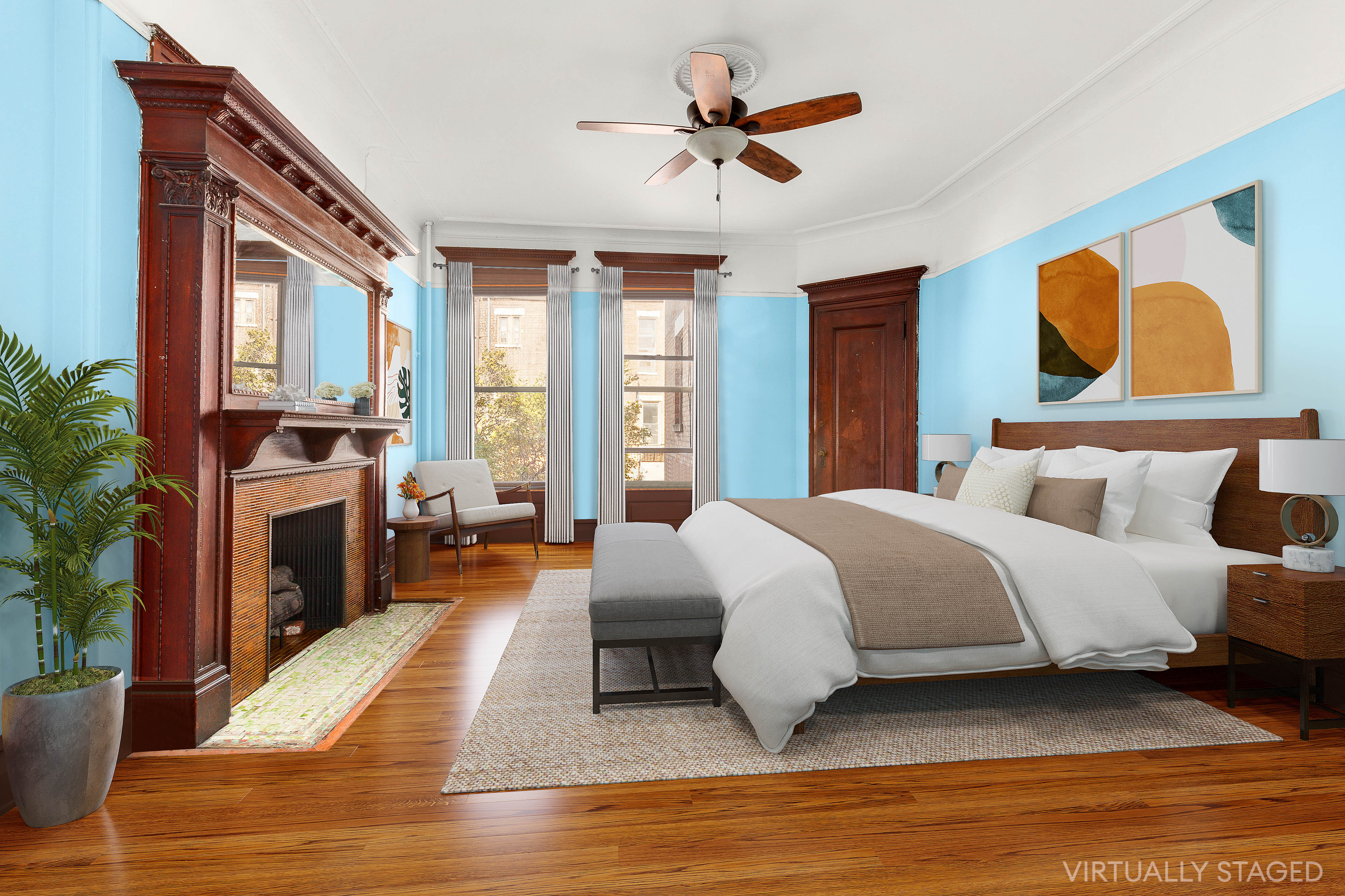 117 West 120th Street Manhattan, NY 10027 - Photo 18 of 31 a spacious bedroom with a large bed a chandelier and windows