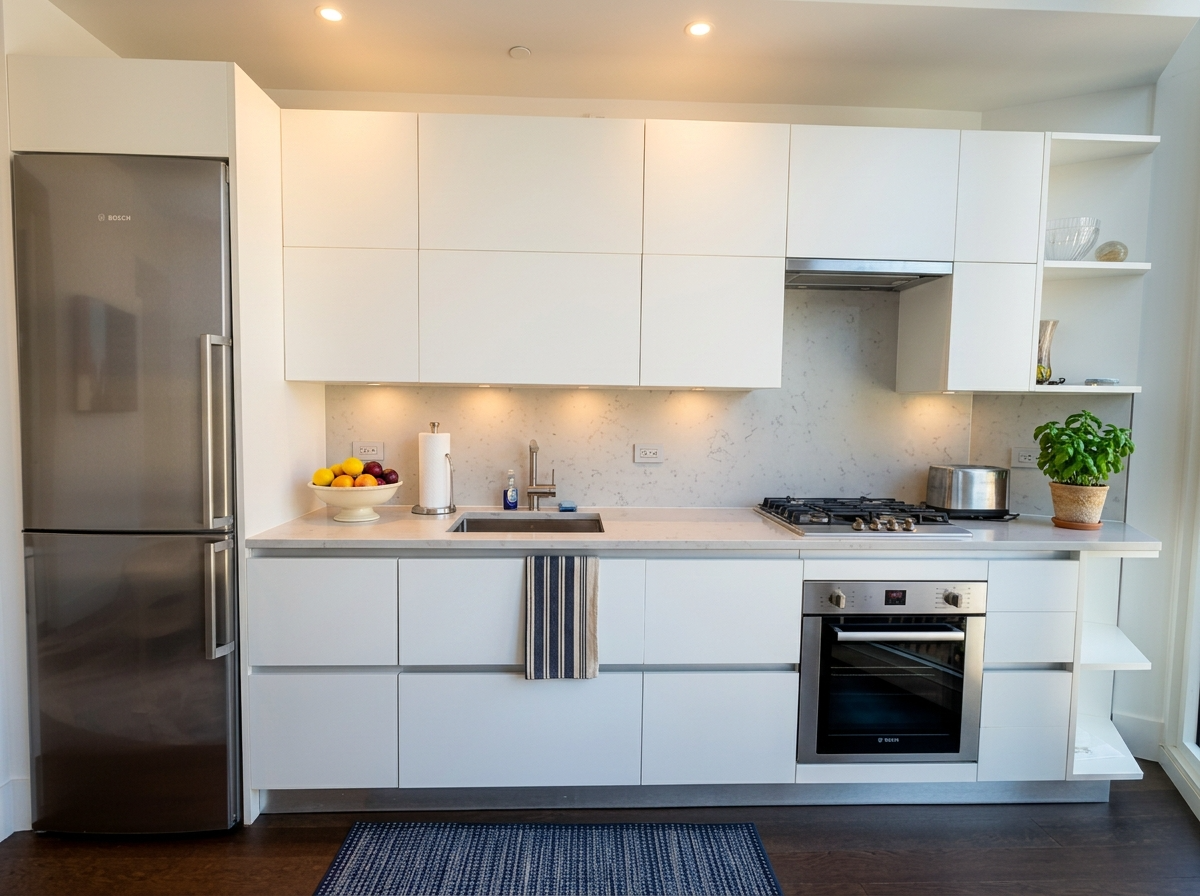 222 East 44th Street, Unit 21F New York, NY 10017 - Photo 3 of 9 a white kitchen with granite countertop stainless steel appliances and wooden floor