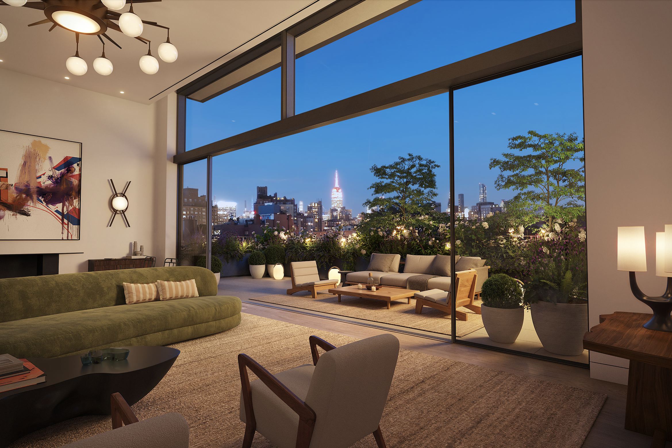 125 Perry Street, Unit PHE Manhattan, NY 10014 - Photo 2 of 17 a living room with furniture potted plant and a large window