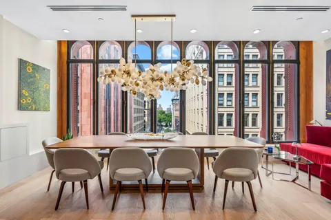 a view of a a dining room with furniture window and outside view