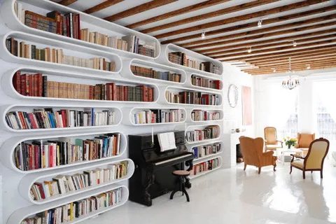 a living room with furniture and a book shelf