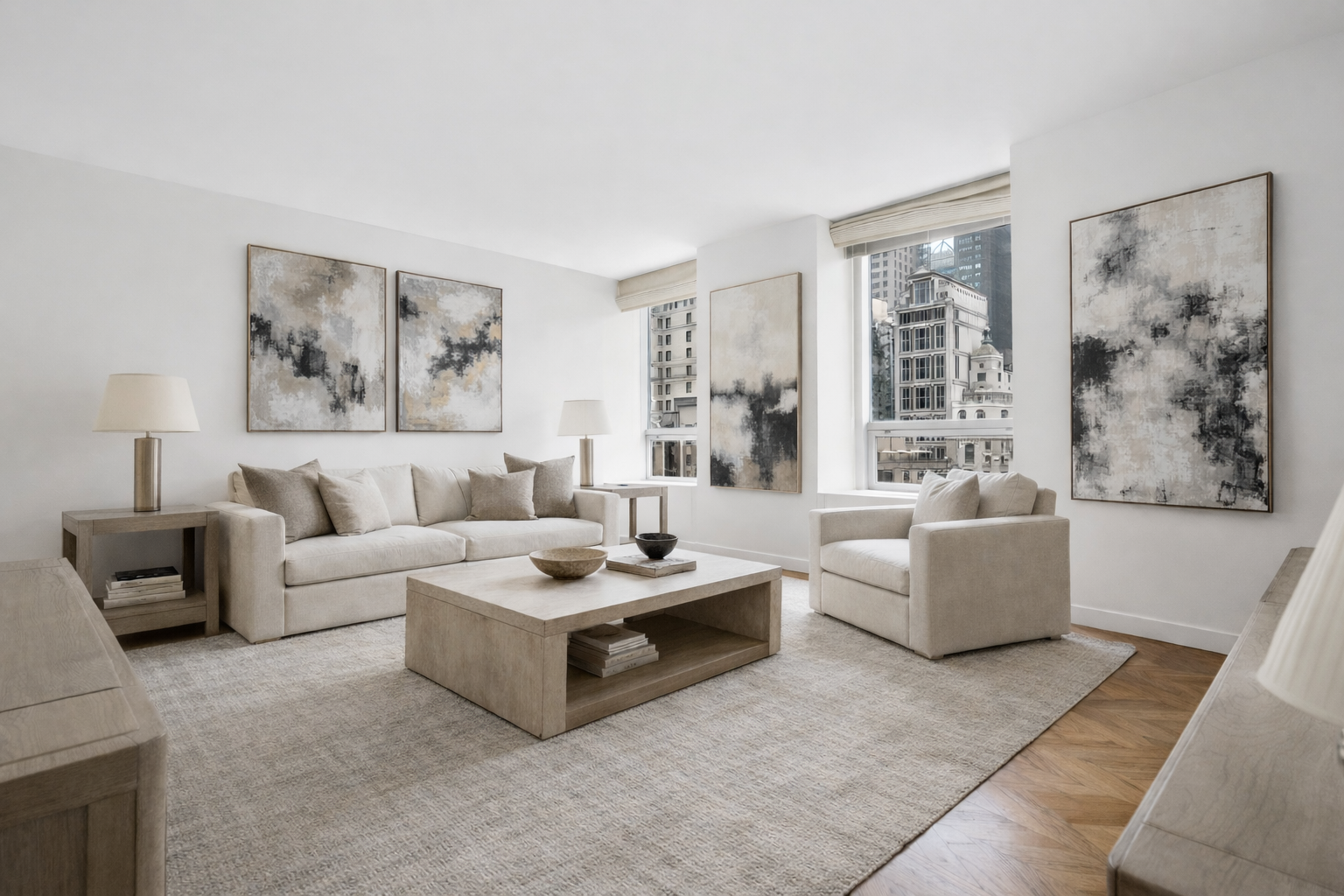 15 West 53rd Street, Unit 11H Manhattan, NY 10019 - Photo 1 of 11 a living room with furniture and a large window