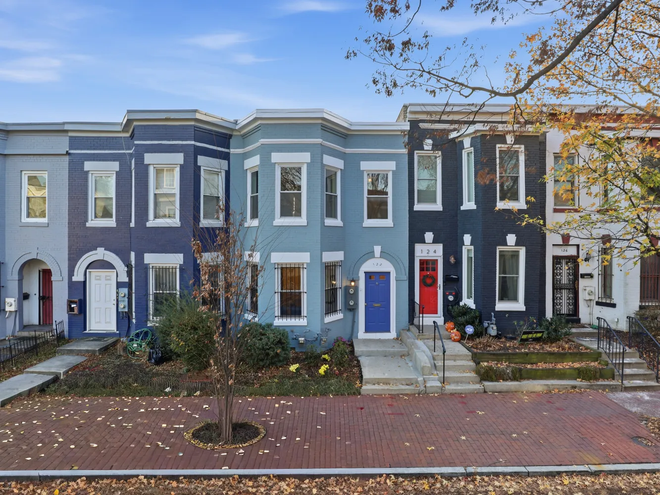 a front view of a building with street view