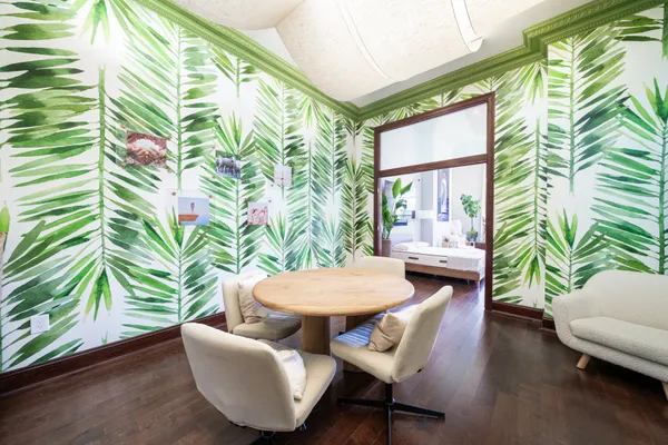 a living room with furniture and a potted plant