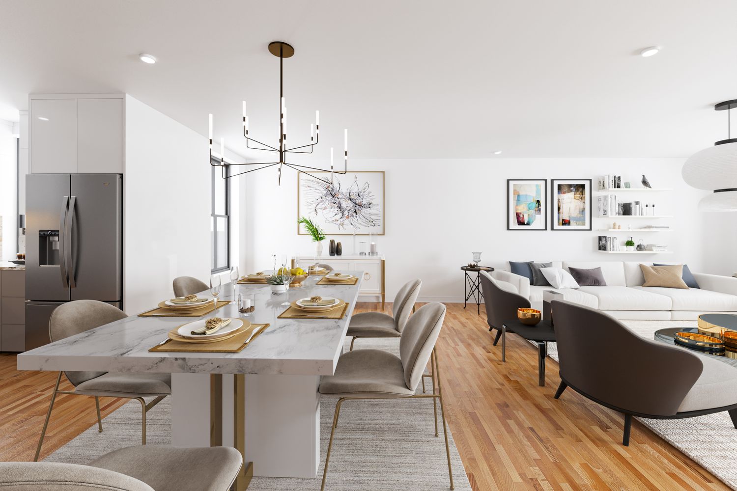 a view of a dining room with furniture