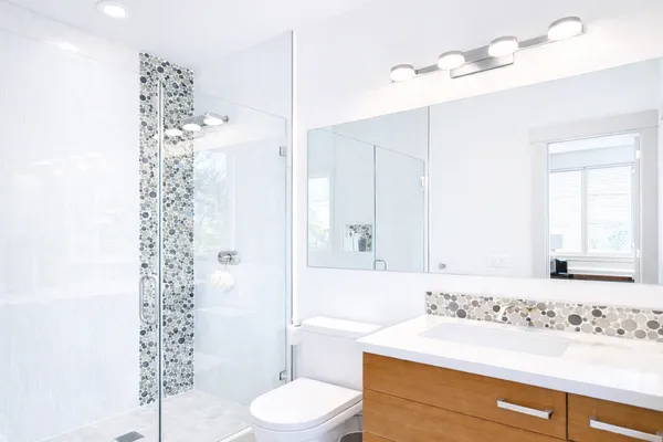 a bathroom with a sink a toilet and shower