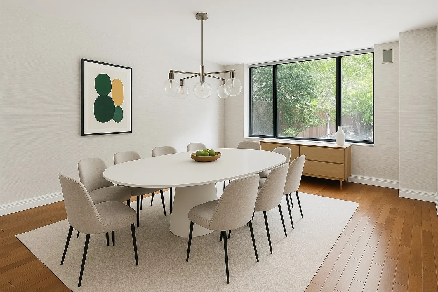 a dining room with furniture and window