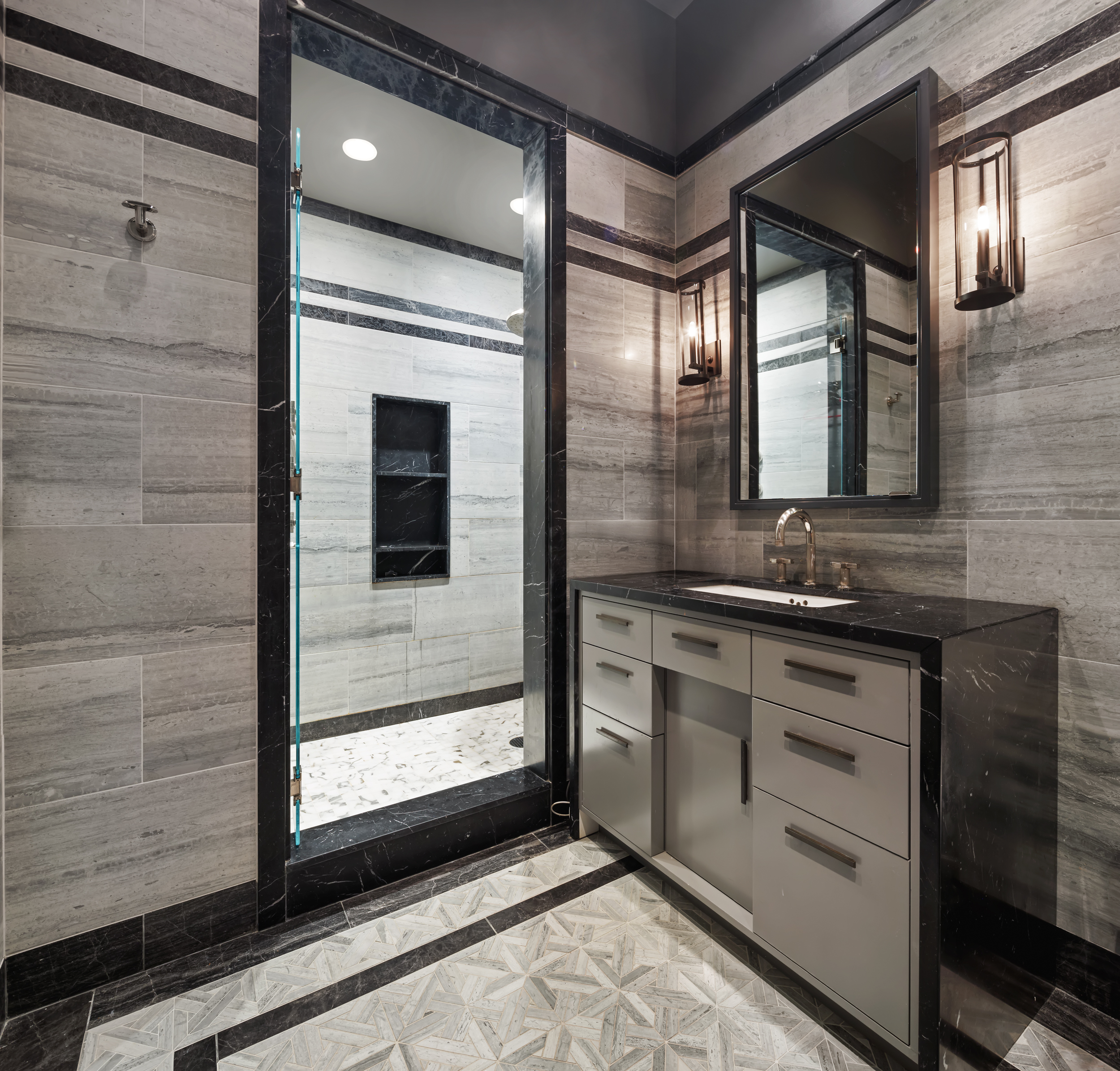 114 Liberty Street, Unit 2A Manhattan, NY 10006 - Photo 12 of 17 a bathroom with a double vanity sink mirror and shower