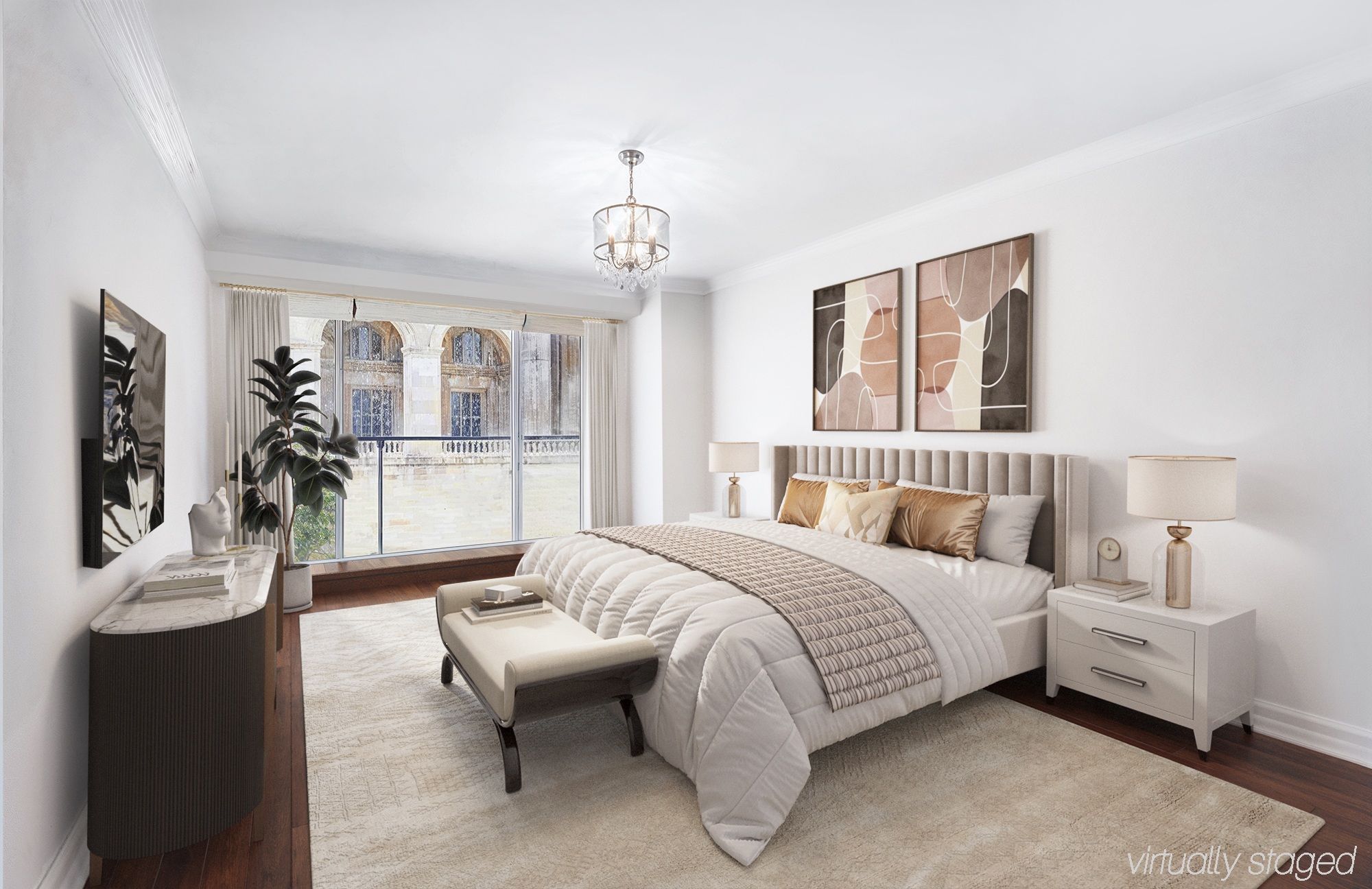 200 Central Park South, Unit 14A Manhattan, NY 10019 - Photo 3 of 7 a bedroom with a bed and a chandelier