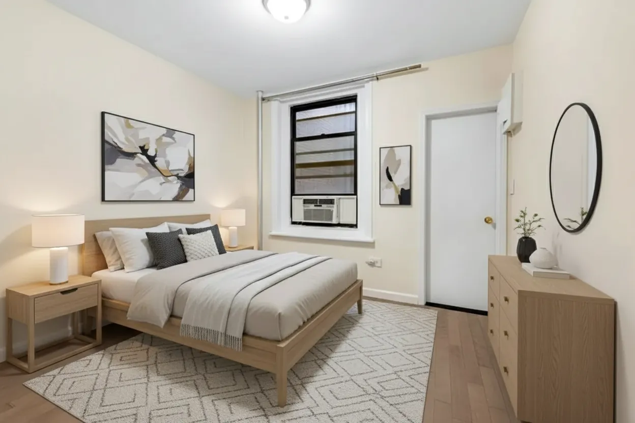 a bedroom with a bed a mirror and a window