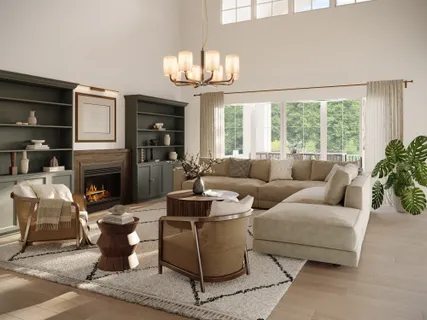 a living room with furniture a fireplace and a chandelier