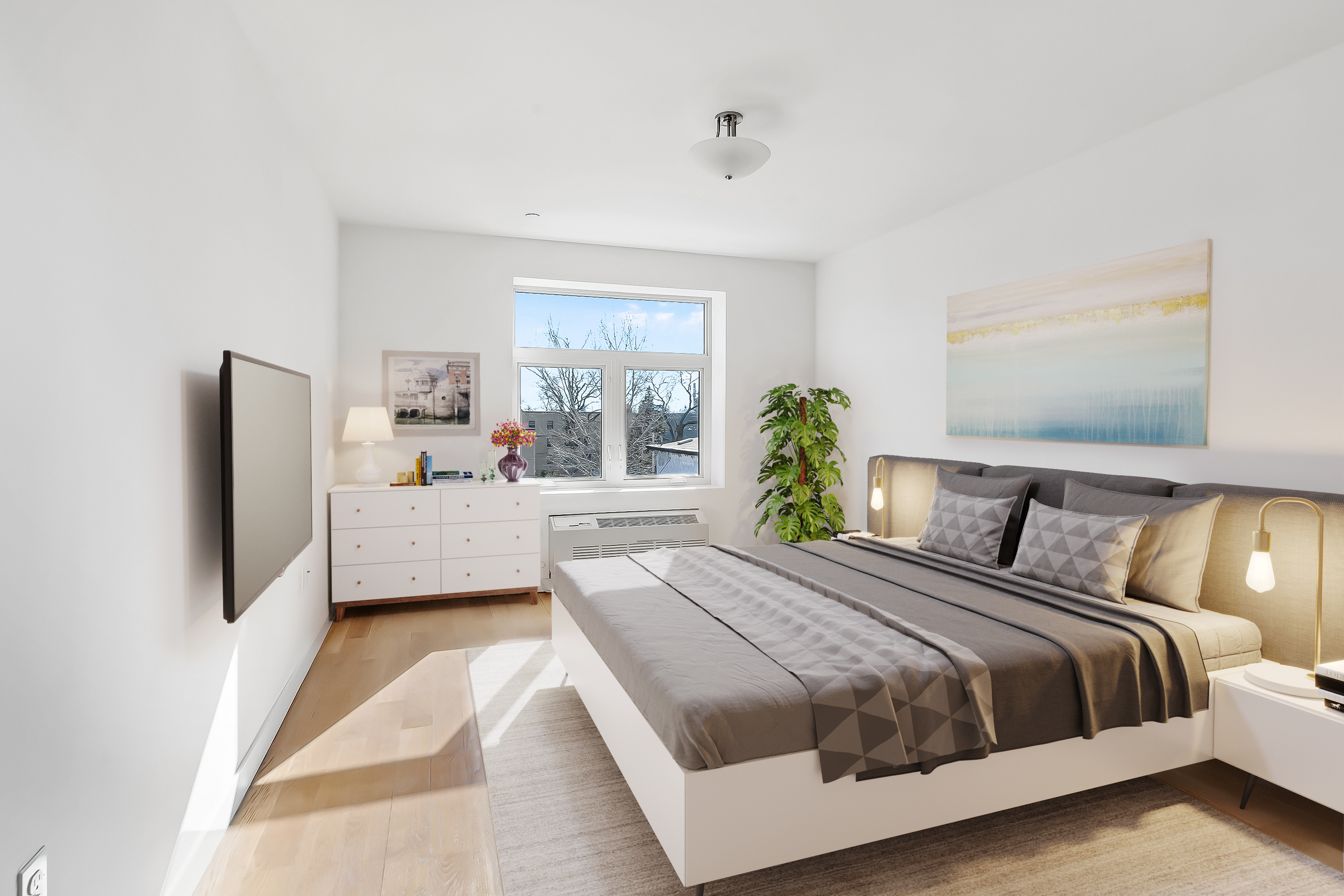 26-20 14th Place, Unit 3C Queens, NY 11102 - Photo 6 of 13 a bedroom with a large bed and a potted plant