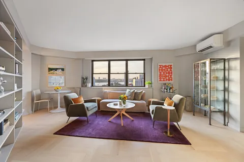 a living room with furniture rug and window