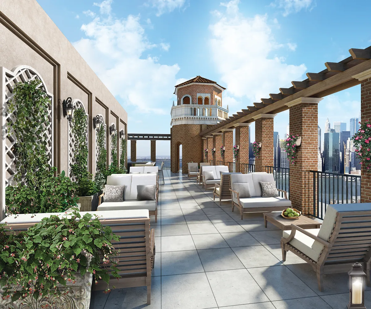 a balcony with furniture and wooden floor