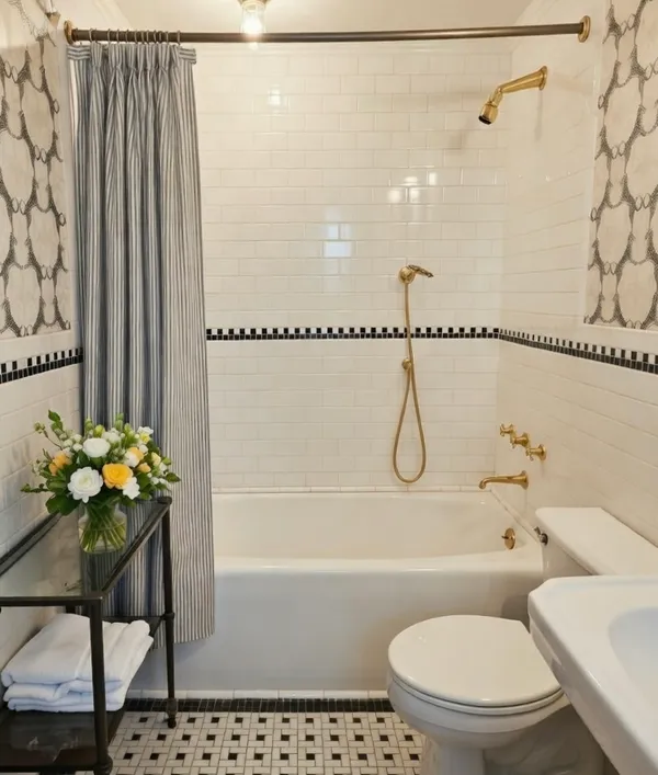 a bathroom with a shower curtain and a toilet