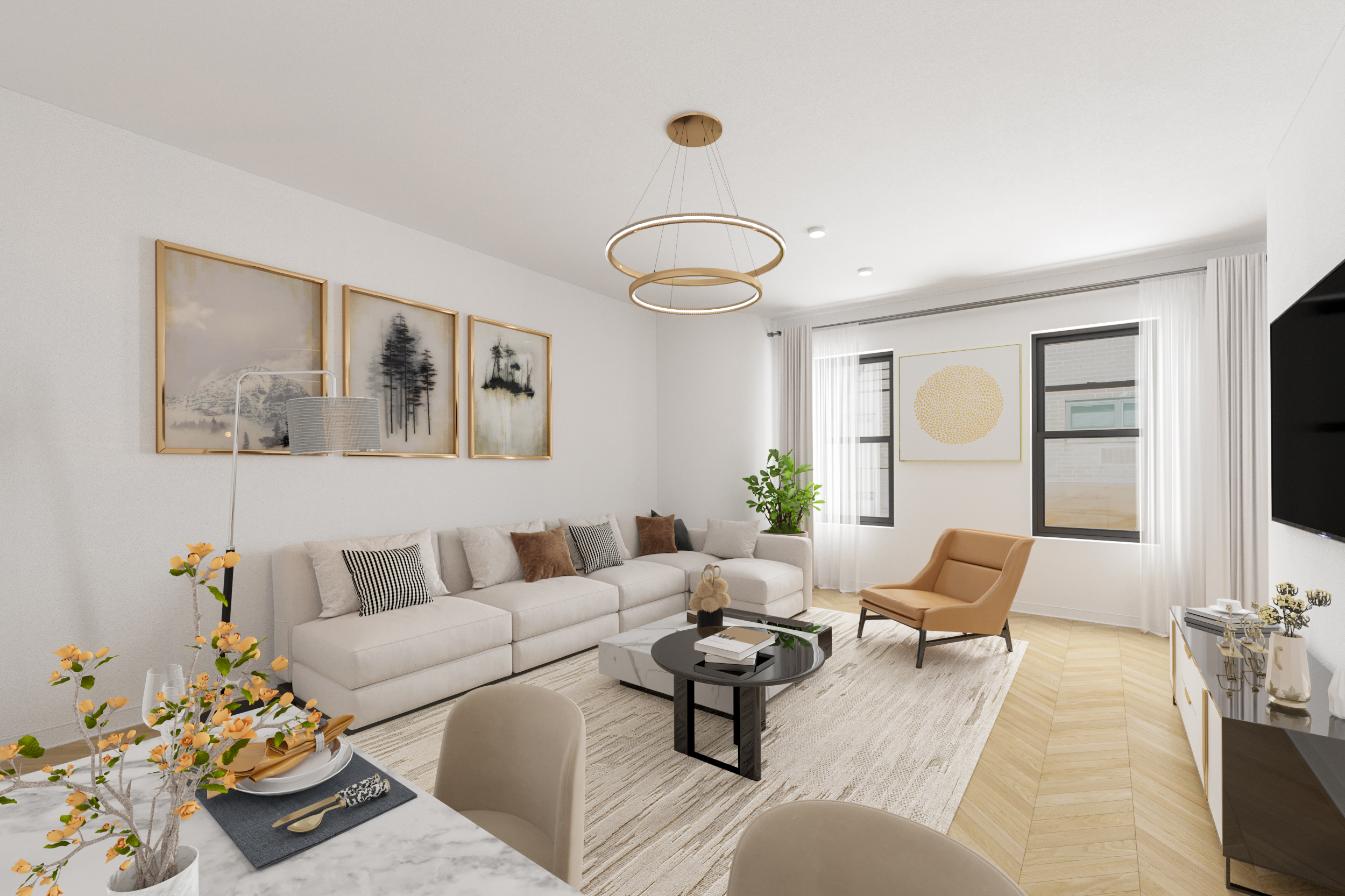 100 St Nicholas Avenue, Unit 7E Manhattan, NY 10026 - Photo 3 of 10 a living room with furniture and wooden floor