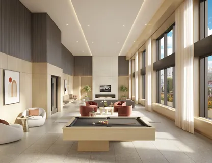 a living room with furniture and large windows