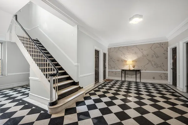a black and white checkered floor