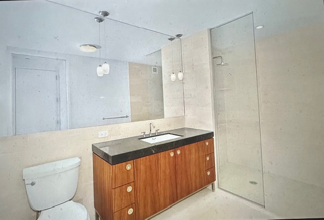 57 Reade Street, Unit 7A Manhattan, NY 10007 - Photo 4 of 5 a bathroom with a granite countertop sink toilet and shower