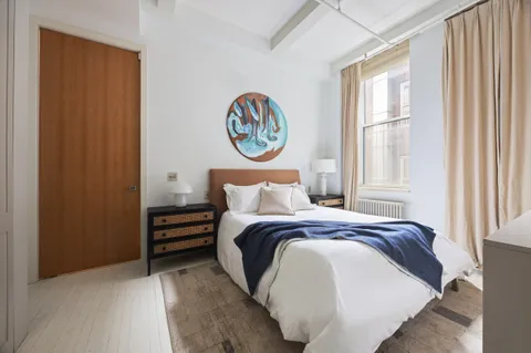 a bed sitting in a bedroom next to a window