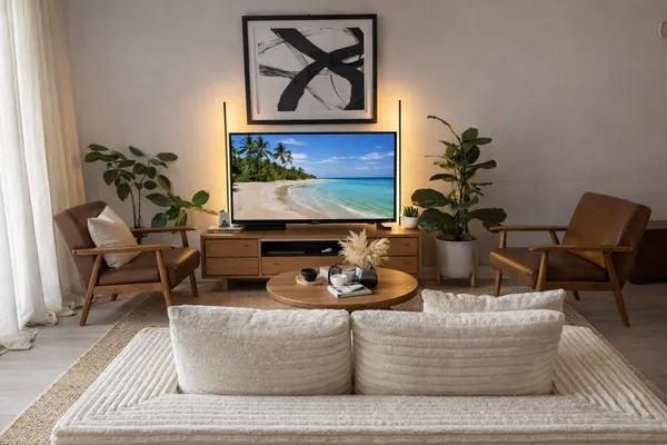 a living room with furniture a flat screen tv and kitchen view