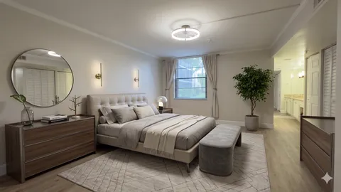 a bedroom with a bed a mirror on dresser and a large window