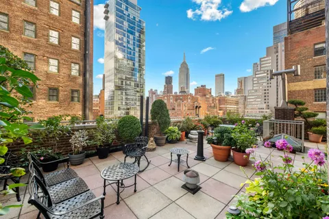 a view of a patio with plants and chairs