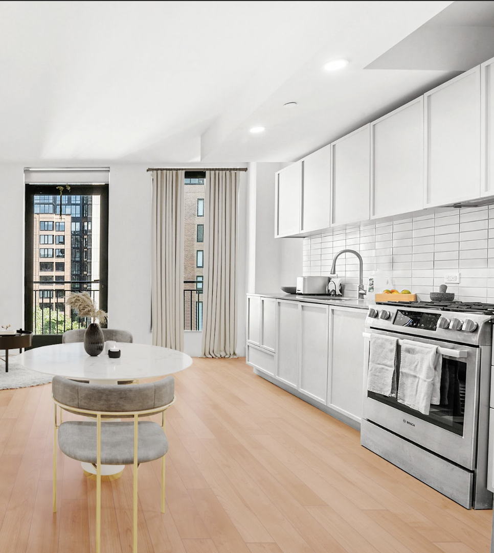 111 Montgomery Street, Unit 7CC Brooklyn, NY 11225 - Photo 2 of 18 a kitchen with stainless steel appliances a sink a stove and white cabinets with wooden floor