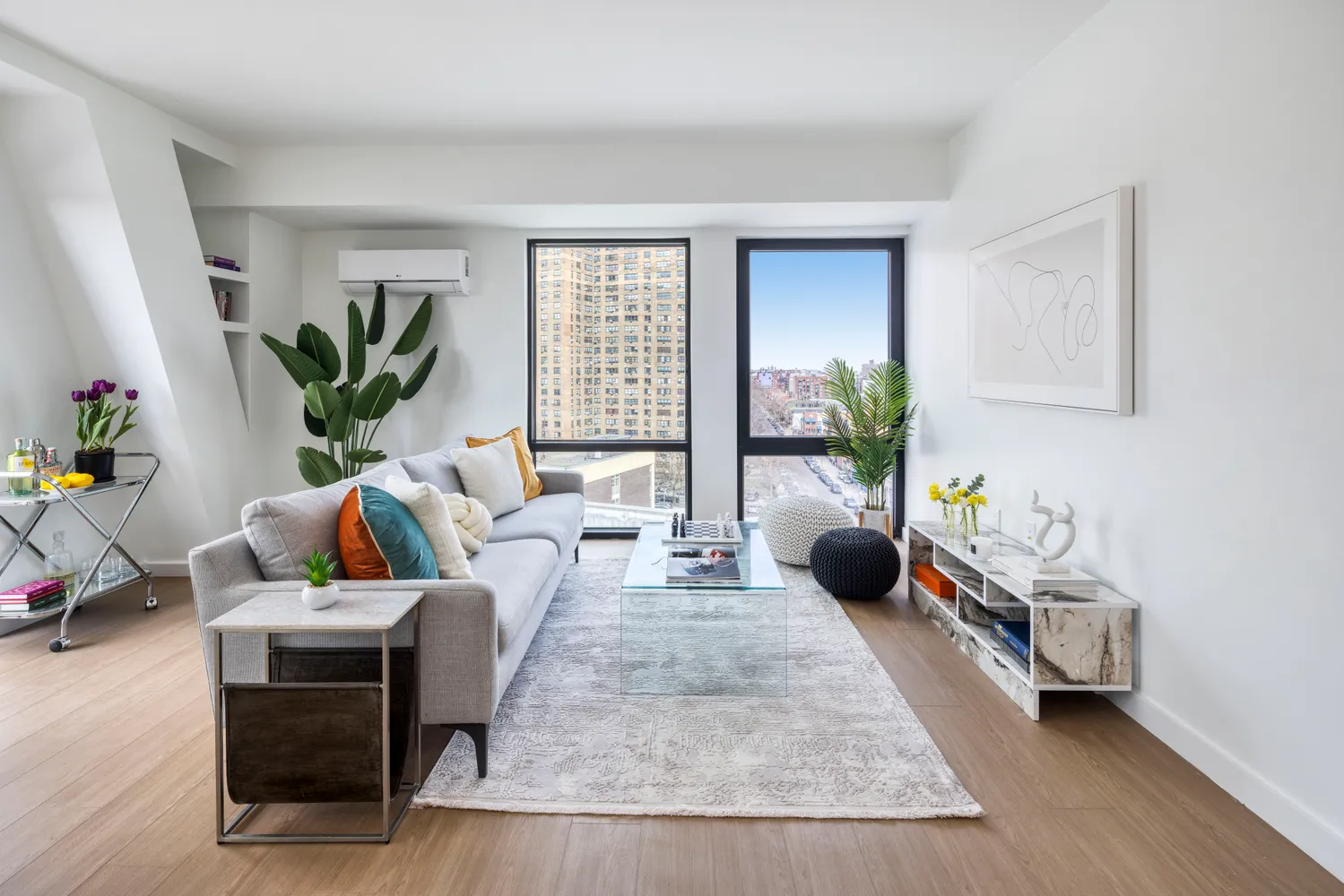 a living room with furniture and a potted plant