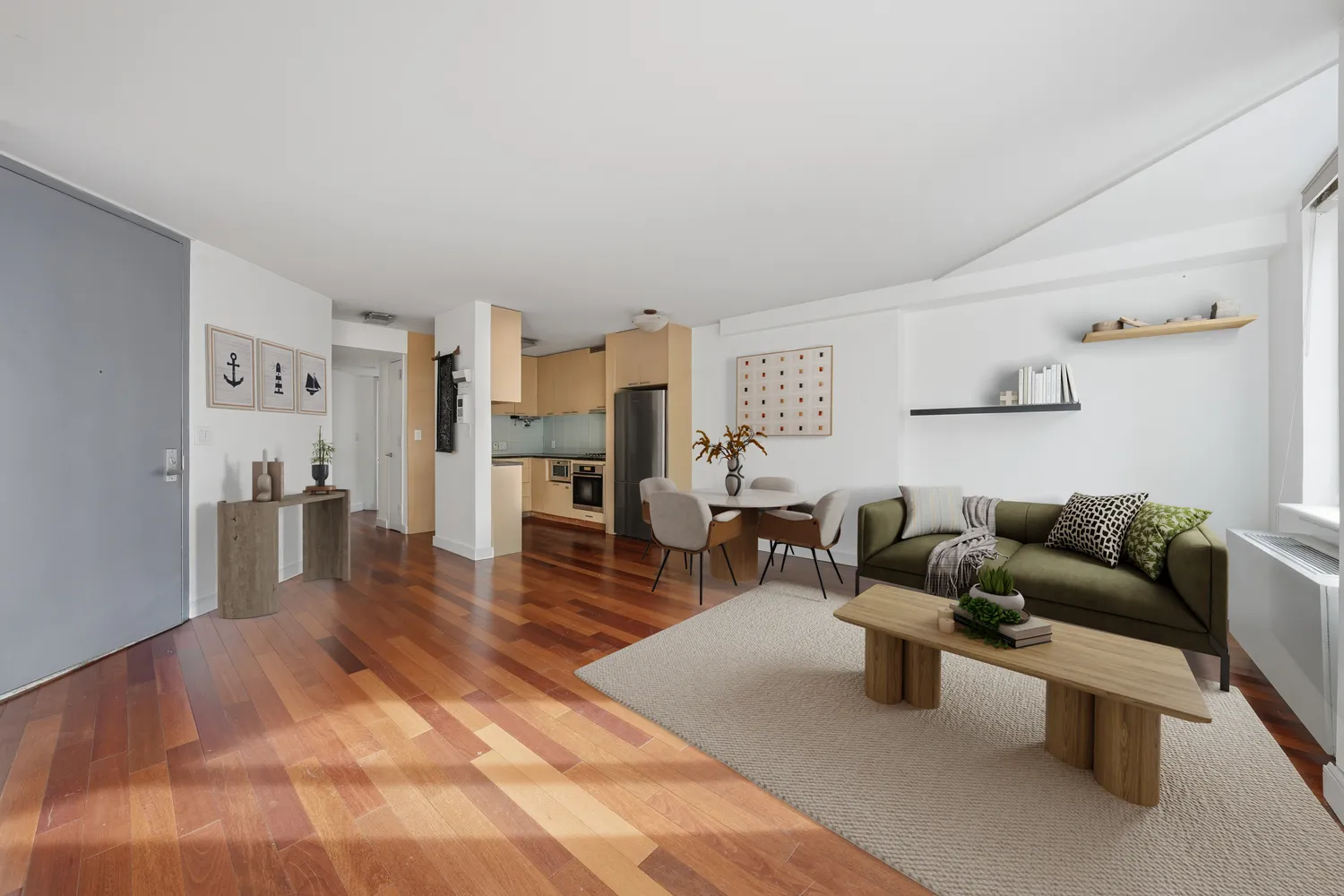 a living room with furniture and a table